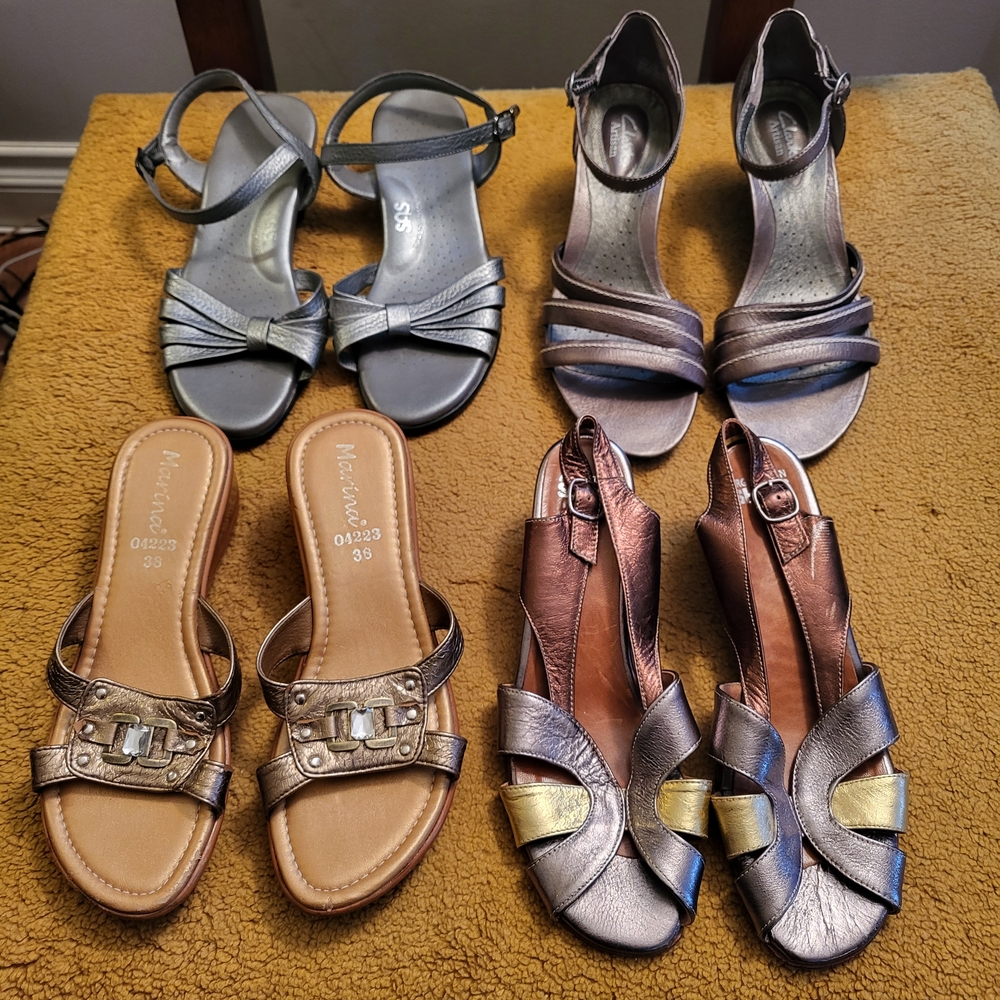 Lot Leather Women's Sandals Silver and Bronze 4 Pair Size 7.5